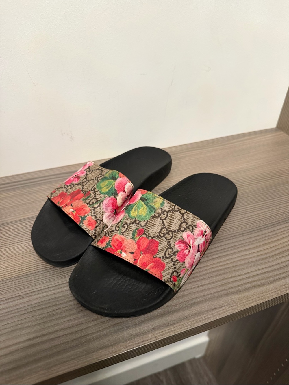 Gucci Floral Monogram Slide Sandals - Black & Pink/Red/Green